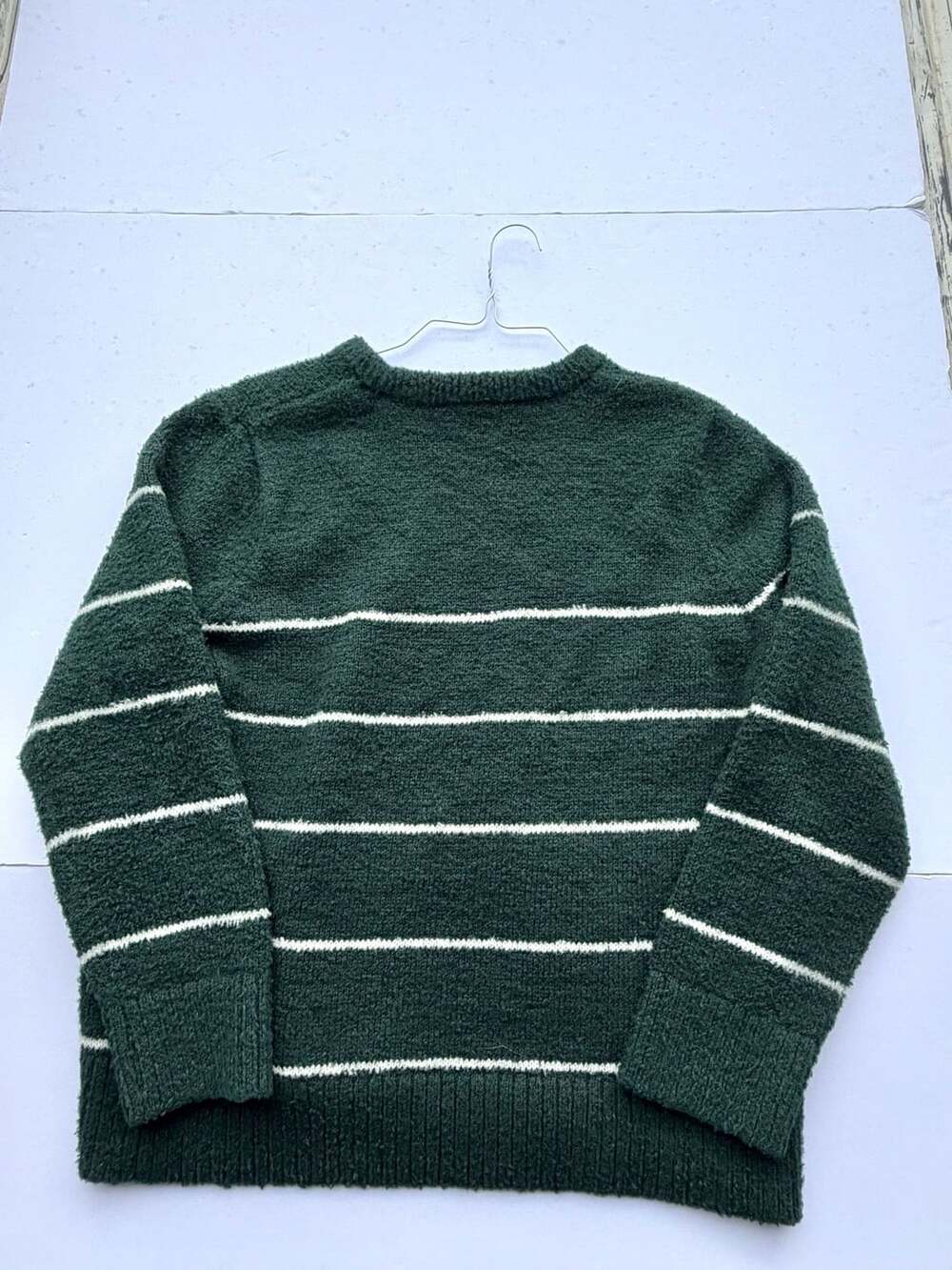SUPER SOFT A New Day Green Striped Fuzzy Pullover Sweater
